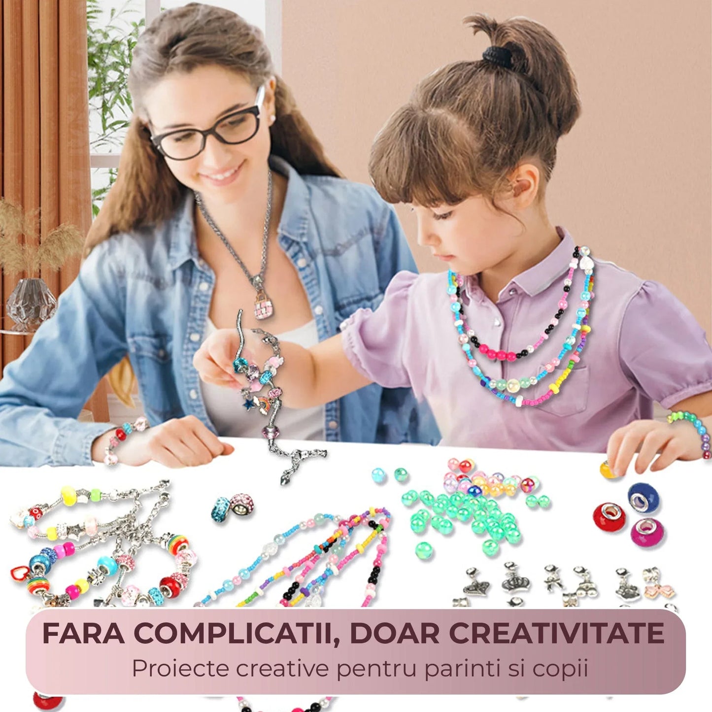 Set DIY bijuterii pentru fete 4, 6 ani, 520 de piese, Roz