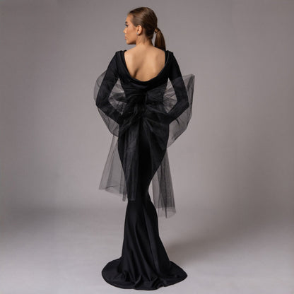 Rochie neagra sirena cu funda supradimensionata din tulle Celine