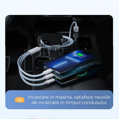 Cablu Date si Incarcare Rapida  Timebox 3 in 1  , PD Fast Charge, 1m, Textil Impletit, Gri