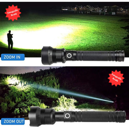 Lanternă Tactică LED XHP70 – 10.000 Lumeni, Zoom, 3 Moduri, USB Reîncărcabilă, Rezistență la Temperatură Scăzută, IPX5