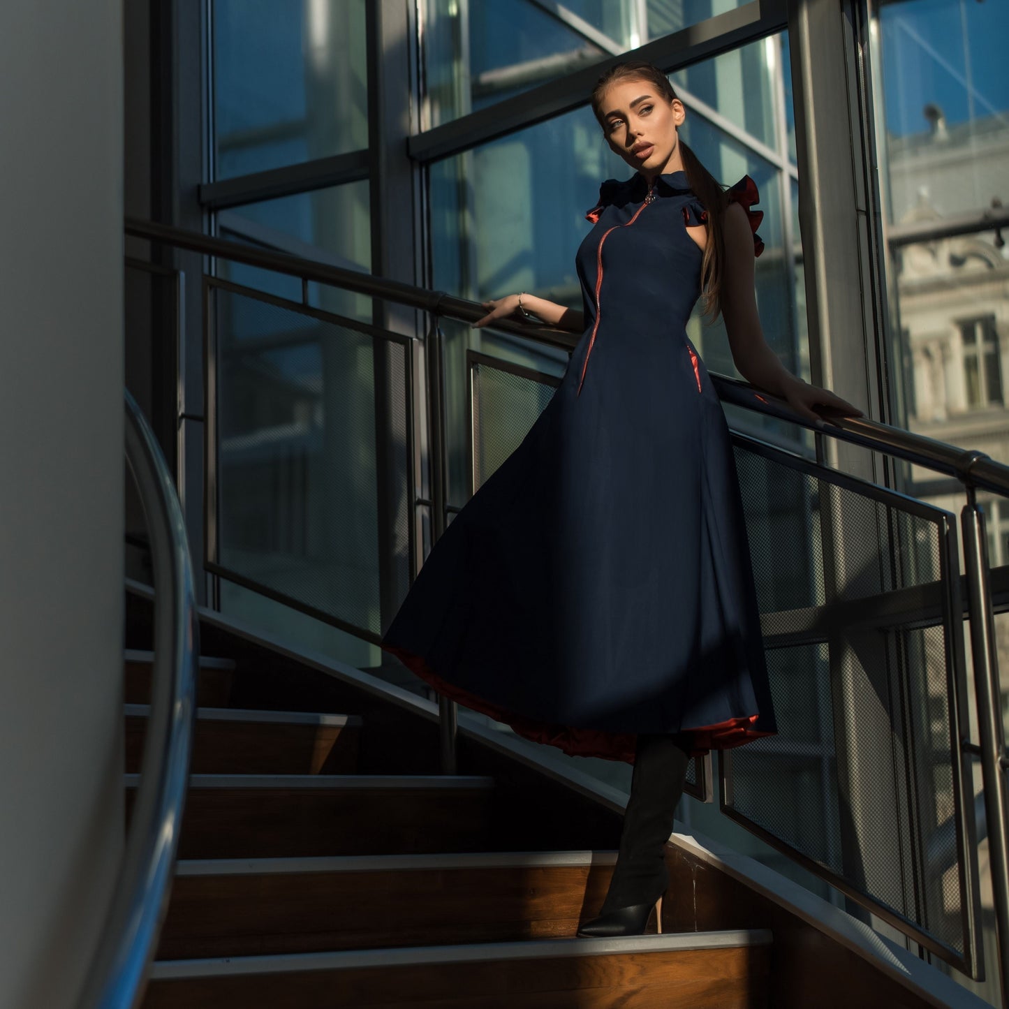 Rochie midi bleumarin din poplin Aime