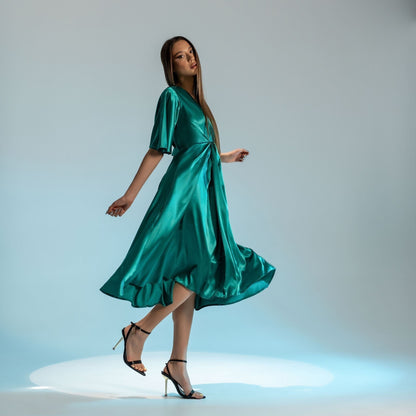 Rochie verde lunga din satin London