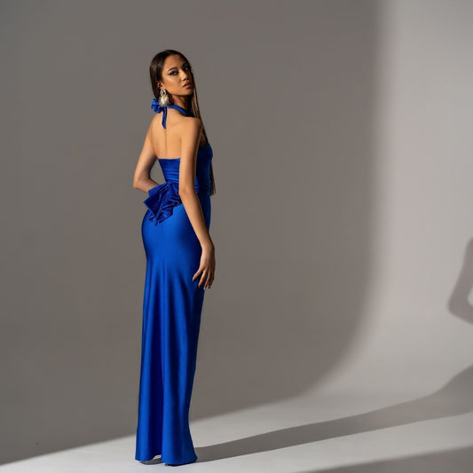 Rochie lunga din lycra albastra cu funda la spate Sky