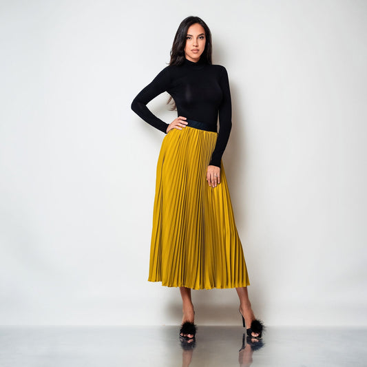 Fusta midi plisata din matase galbena