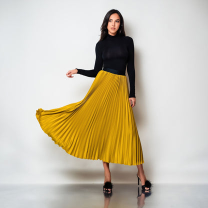 Fusta midi plisata din matase galbena