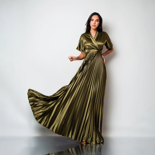 Rochie lunga din tafta de matase cu bust tip kimono si fusta plisata Hazel