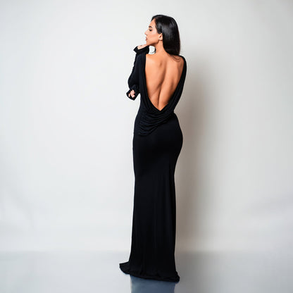 Rochie lunga neagra din bumbac de cocktail cu spatele gol si drapaje Luna