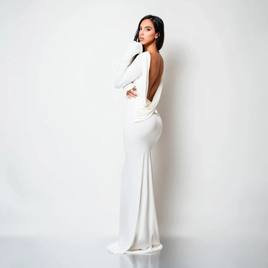 Rochie lunga alba din bumbac de cocktail cu spatele gol si drapaje Luna