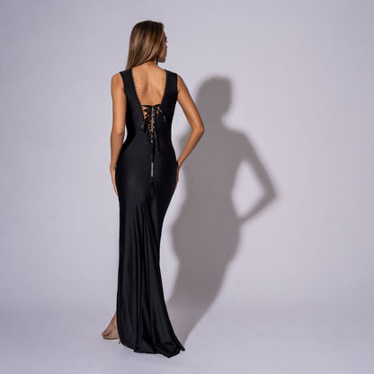 Rochie lunga cu trena din lycra si spate gol cu snur Killing Dress