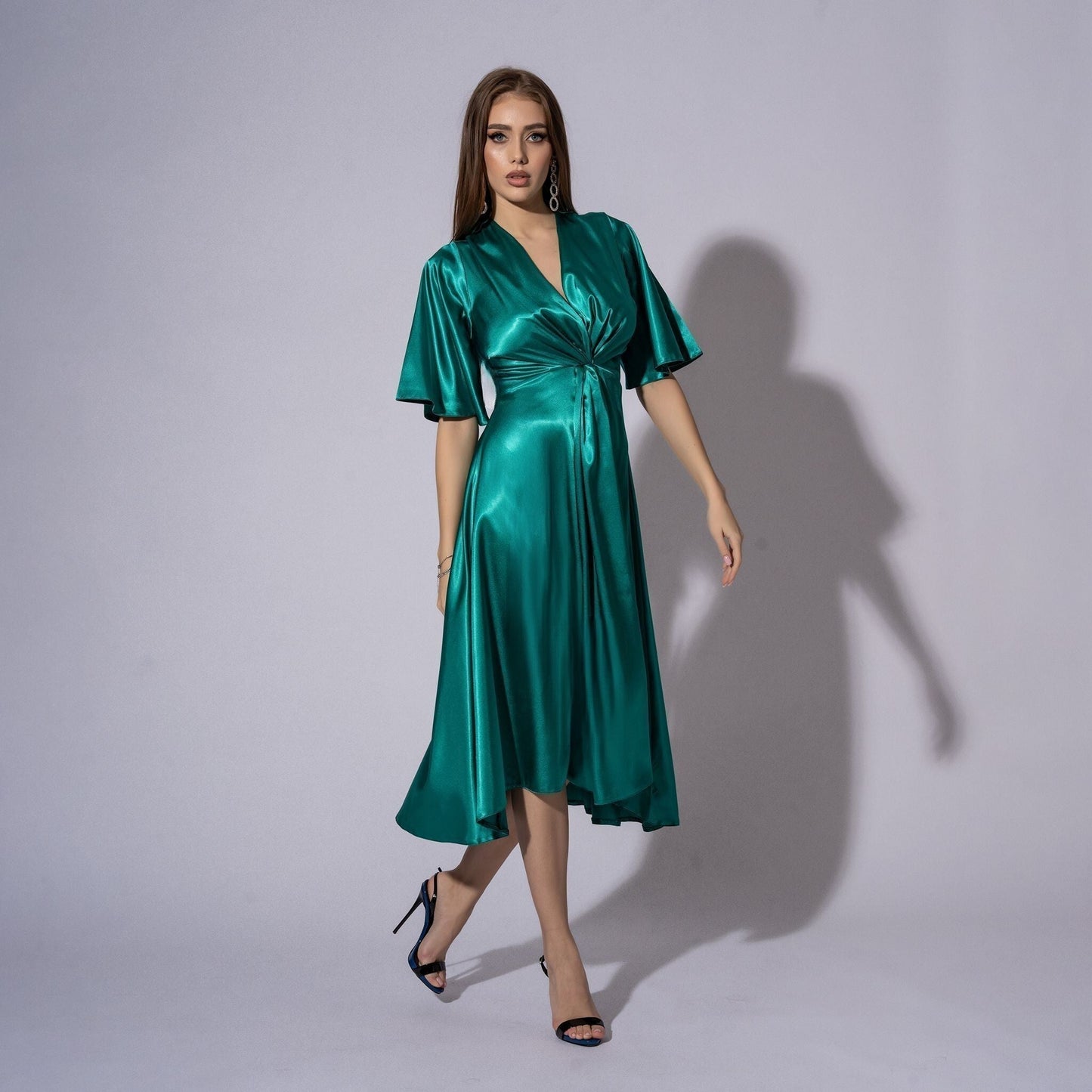 Rochie verde lunga din satin London