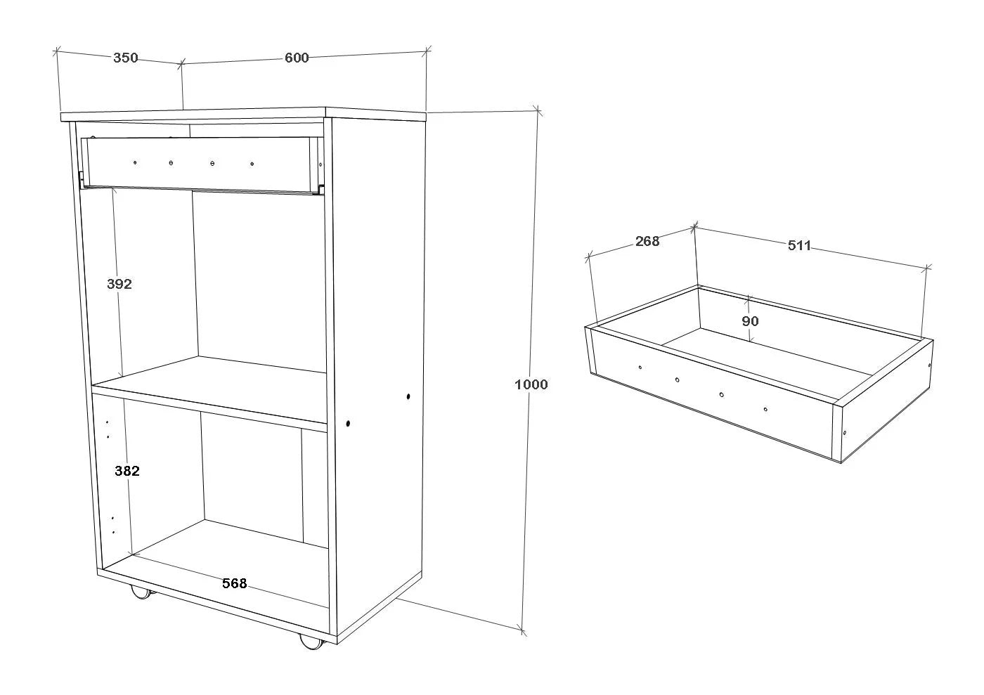 Dulap mobil bucatarie Arno, 1 Sertar, 2 Usi, Alb, 60 x 35 x 100 cm