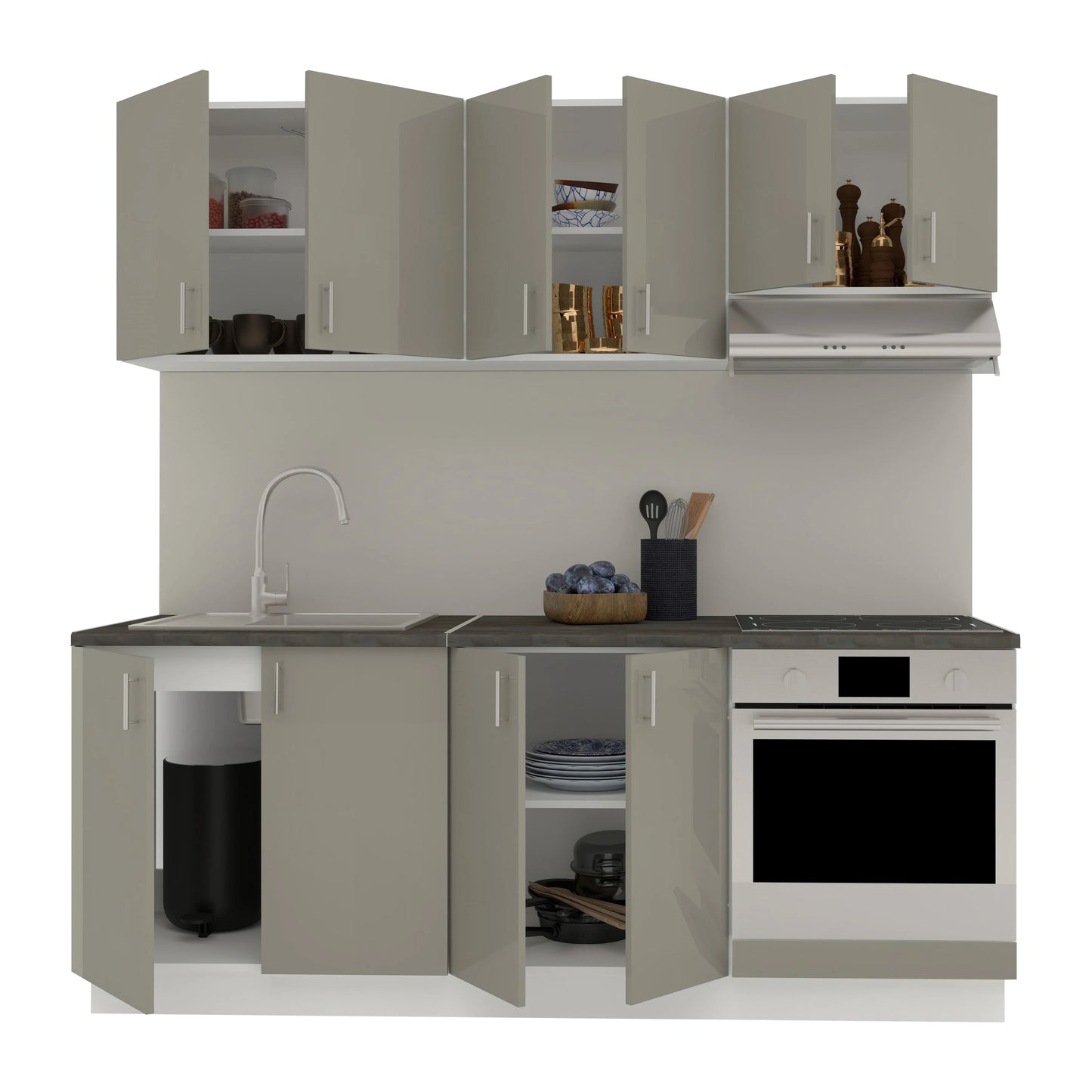 Set Bucatarie haaus Karo V10, Gri Lucios/Alb, MDF, Blat Thermo 28 mm, L 200 cm