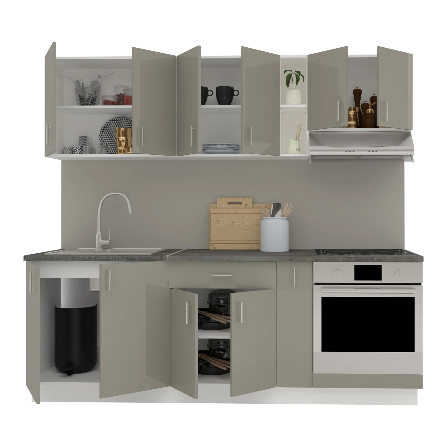 Set Bucatarie haaus Karo V14, Gri Lucios/Alb, MDF, Blat Thermo 28 mm, L 220 cm