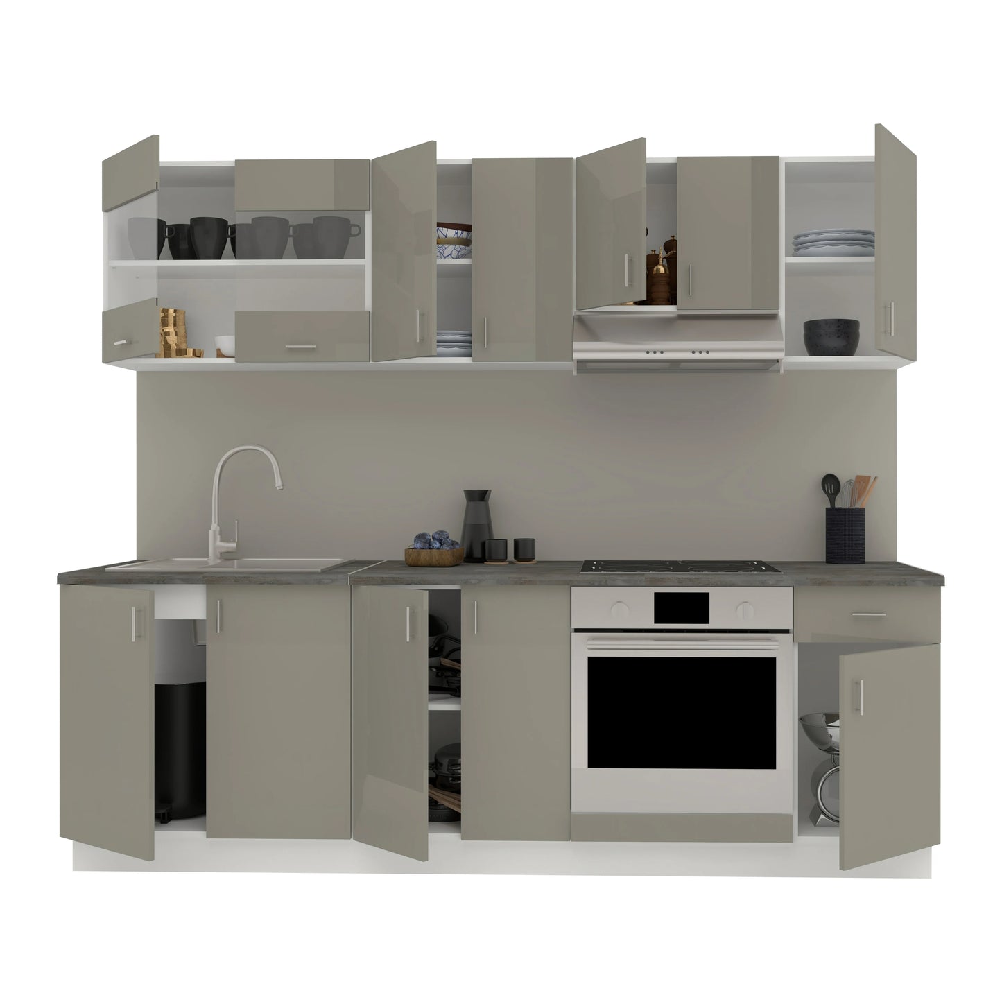 Set Bucatarie haaus Karo V15, Gri Lucios/Alb, MDF, Blat Thermo 28 mm, L 240 cm