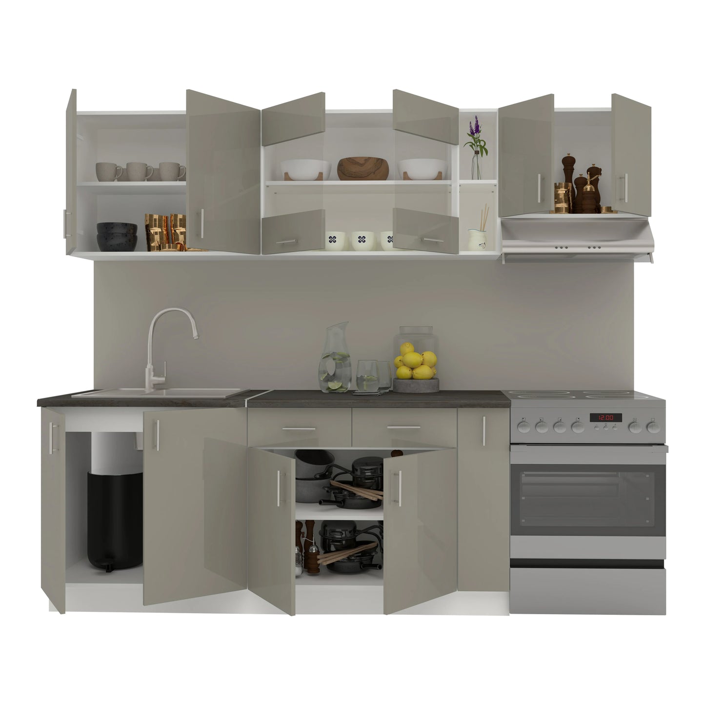 Set Bucatarie haaus Karo V16, Gri Lucios/Alb, MDF, Blat Thermo 28 mm, L 240 cm