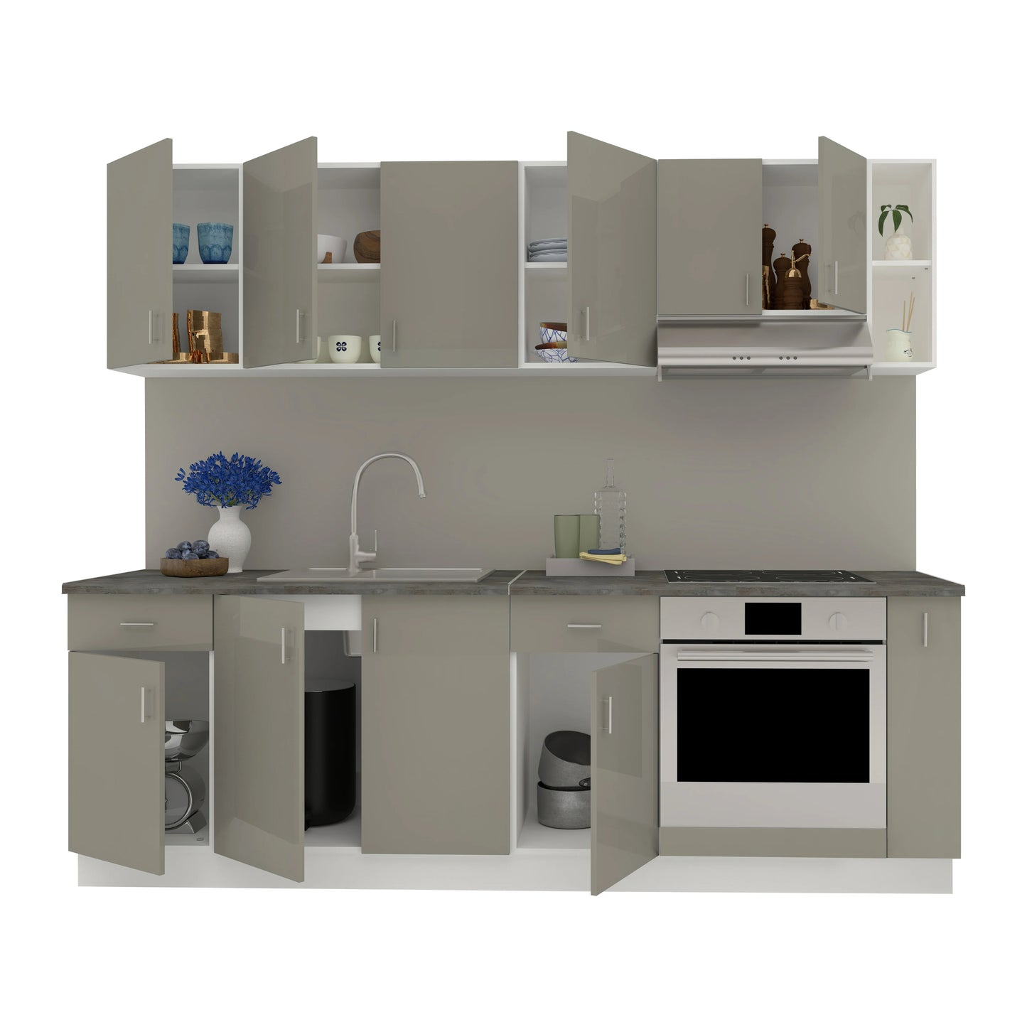 Set Bucatarie haaus Karo V17, Gri Lucios/Alb, MDF, Blat Thermo 28 mm, L 240 cm