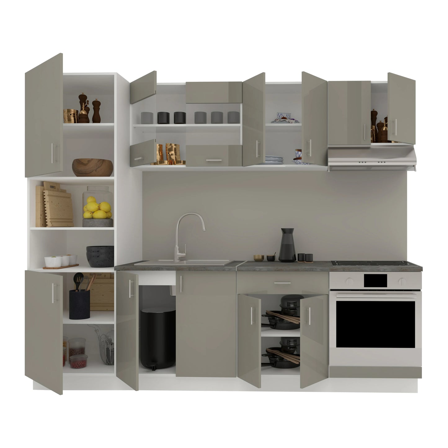 Set Bucatarie haaus Karo V20, Gri Lucios/Alb, MDF, Blat Thermo 28 mm, L 260 cm