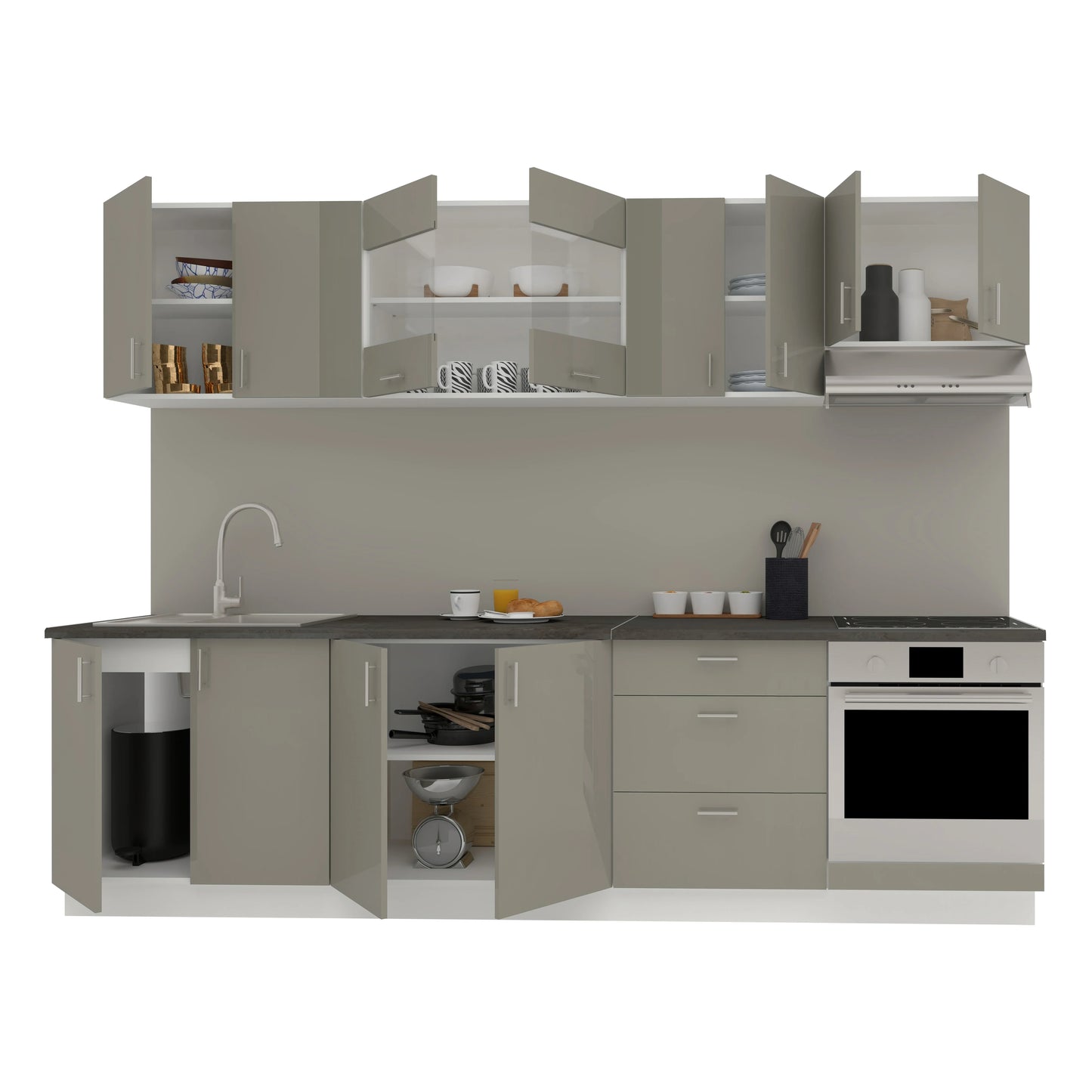 Set Bucatarie haaus Karo V22, Gri Lucios/Alb, MDF, Blat Thermo 28 mm, L 280 cm