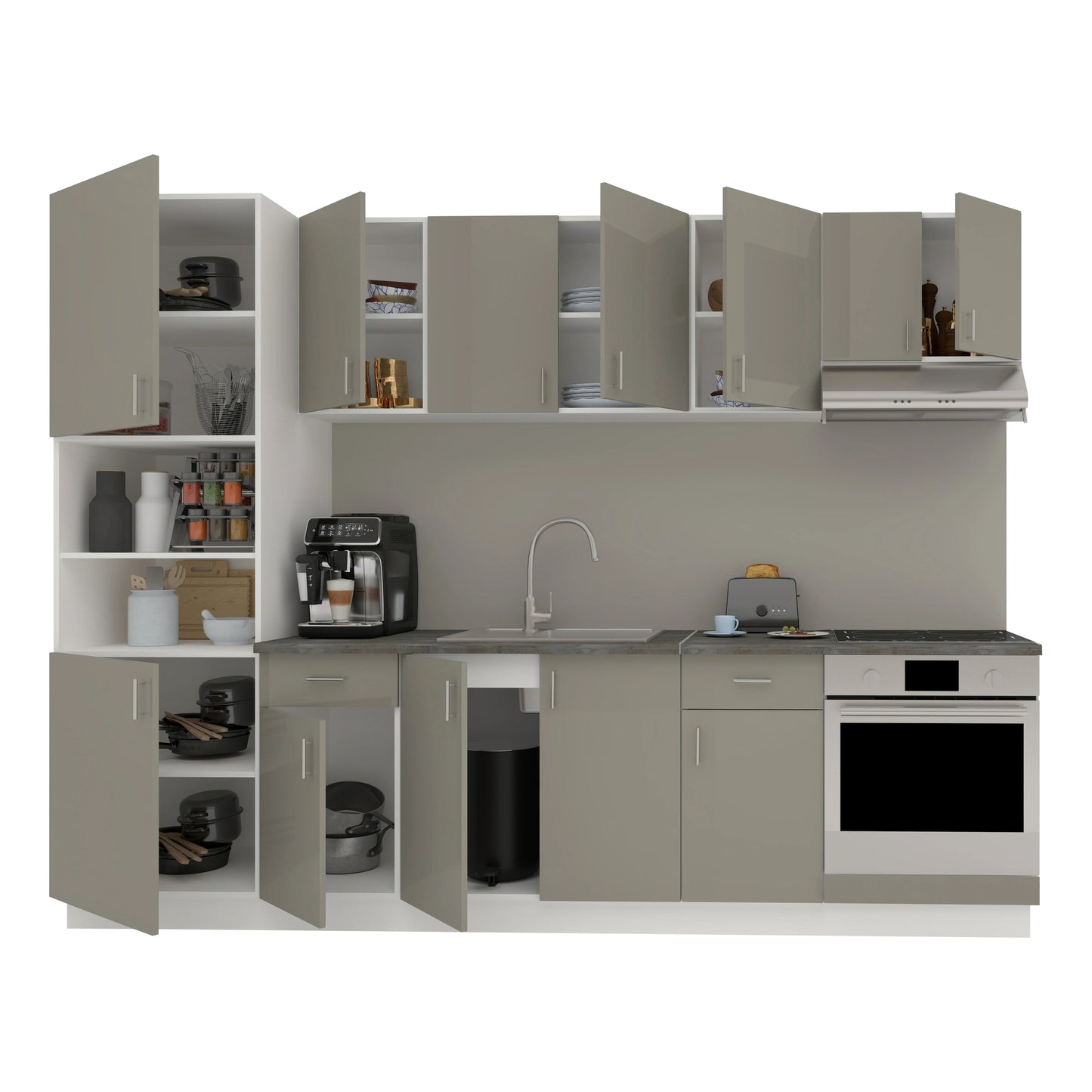 Set Bucatarie haaus Karo V24, Gri Lucios/Alb, MDF, Blat Thermo 28 mm, L 280 cm