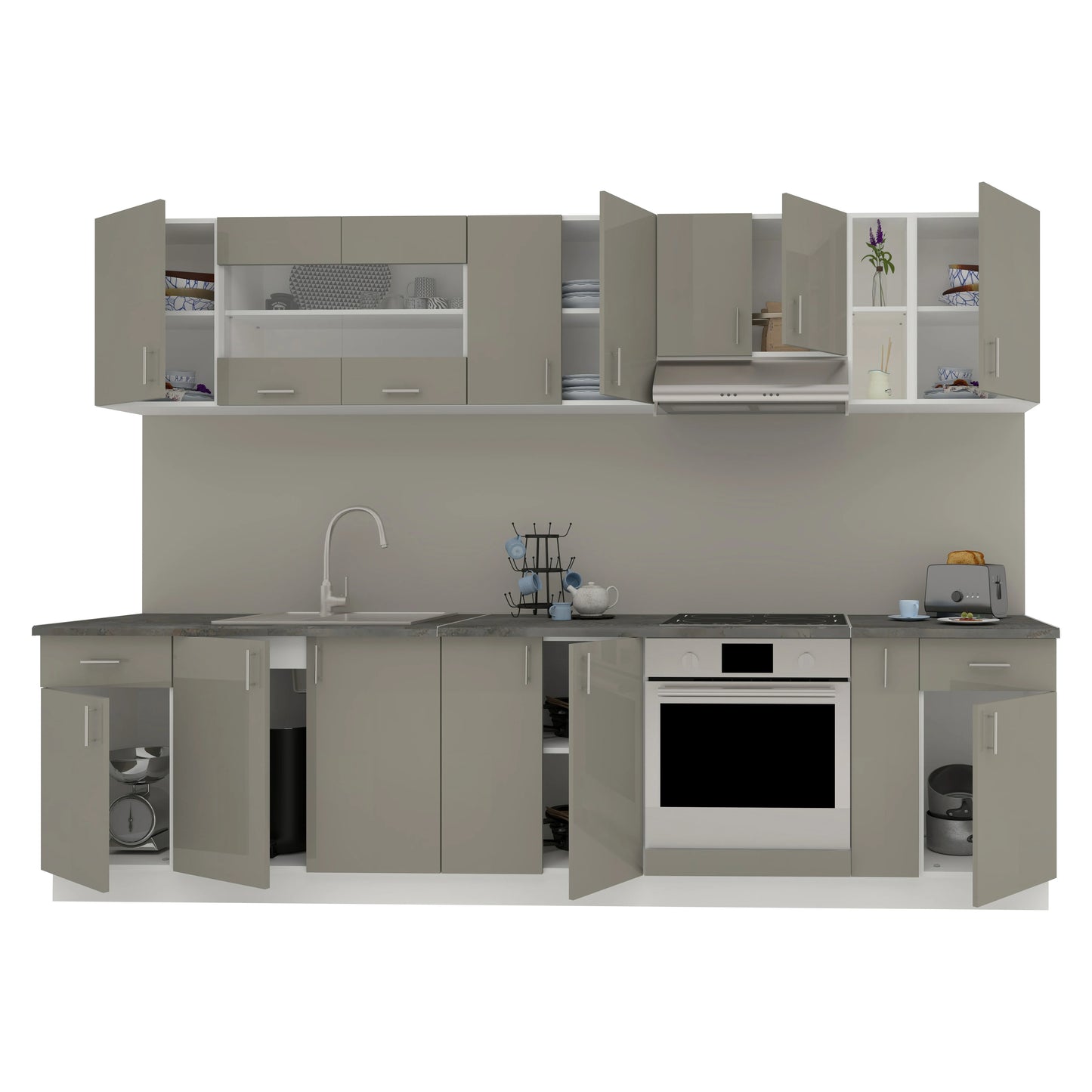 Set Bucatarie haaus Karo V25, Gri Lucios/Alb, MDF, Blat Thermo 28 mm, L 300 cm