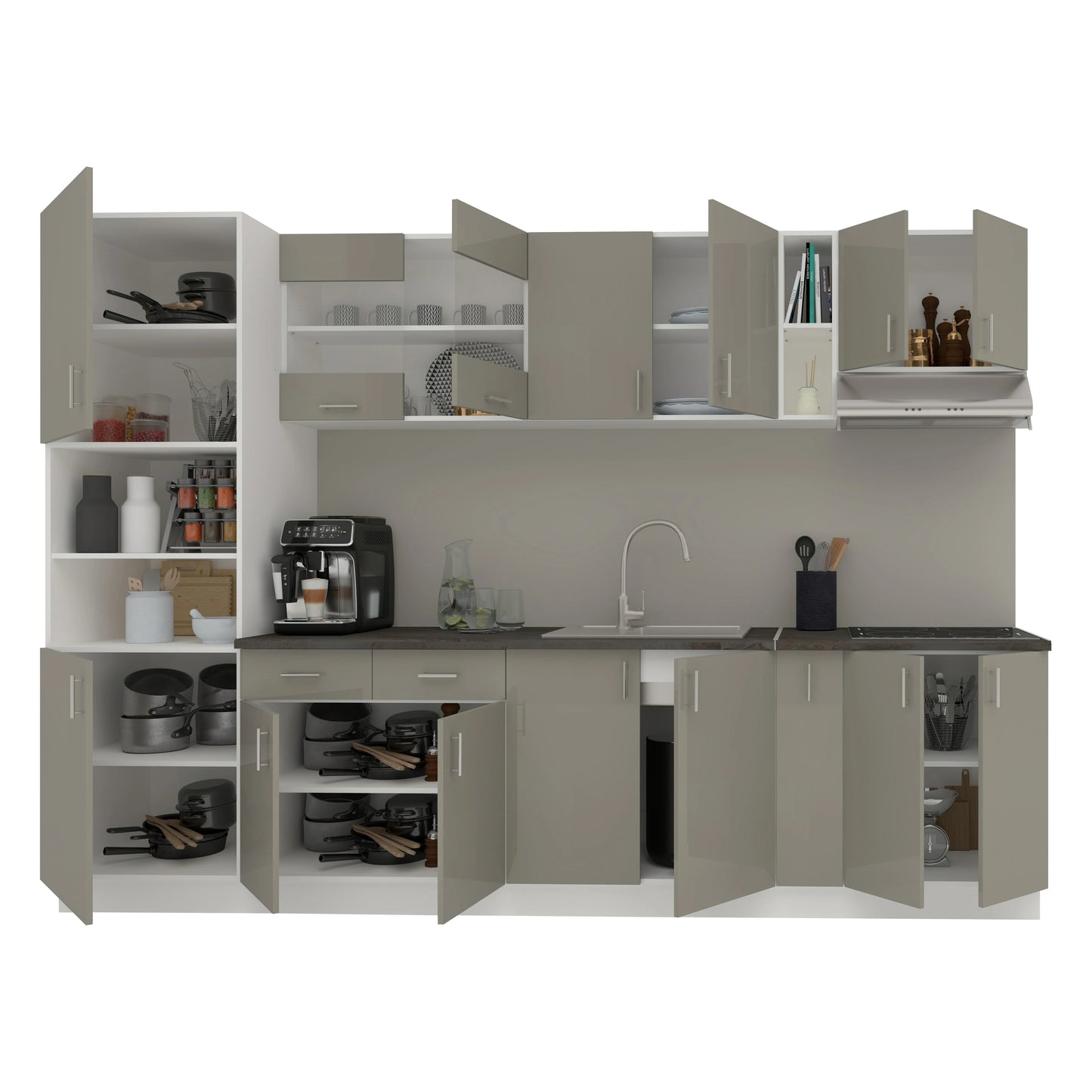 Set Bucatarie haaus Karo V26, Gri Lucios/Alb, MDF, Blat Thermo 28 mm, L 300 cm