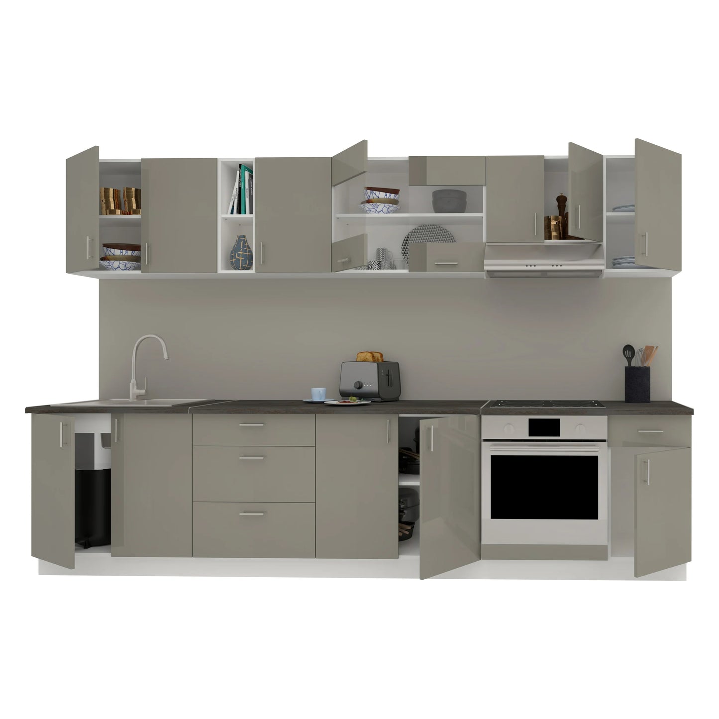 Set Bucatarie haaus Karo V28, Gri Lucios/Alb, MDF, Blat Thermo 28 mm, L 320 cm