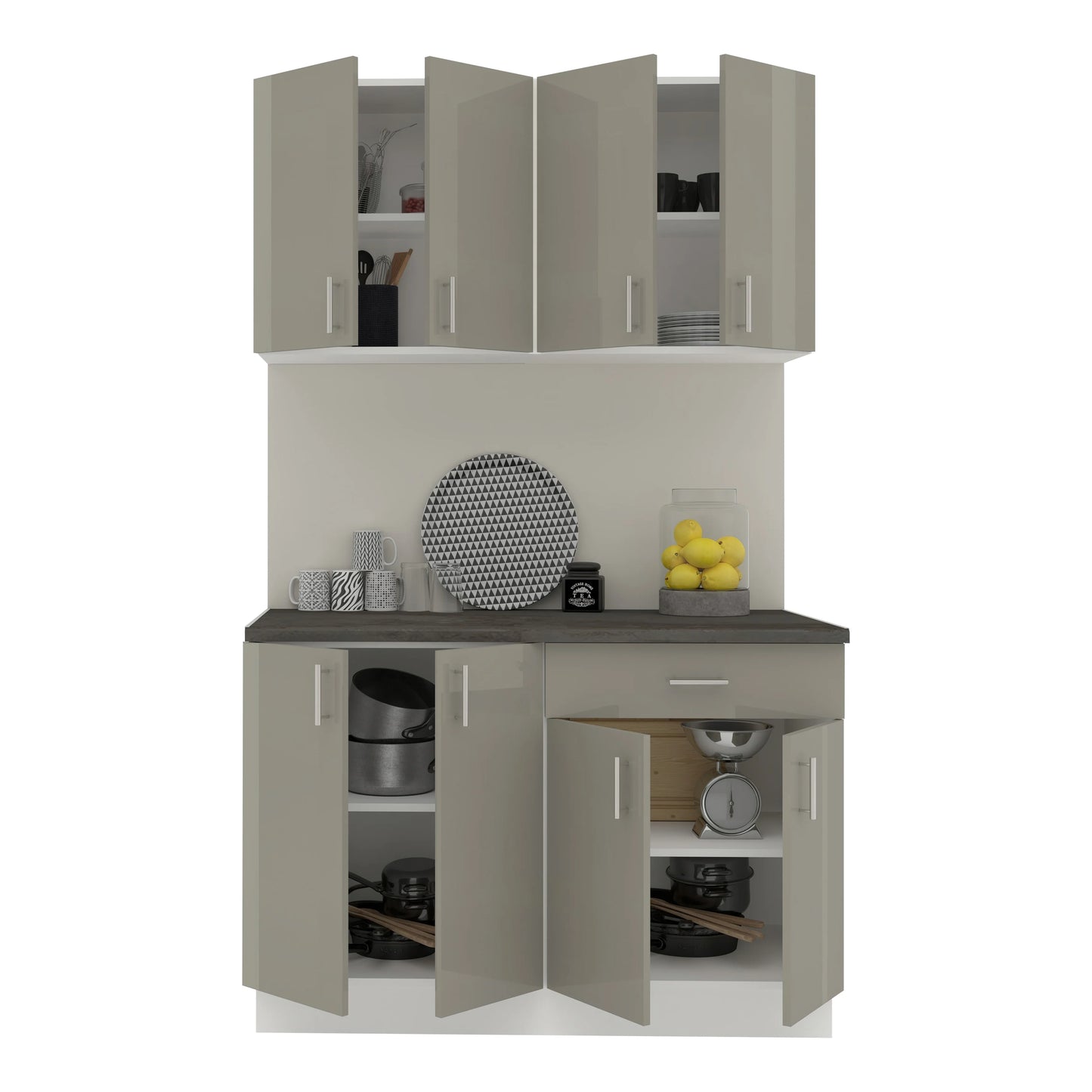 Set Bucatarie haaus Karo V2, Gri Lucios/Alb, MDF, Blat Thermo 28 mm, L 120 cm