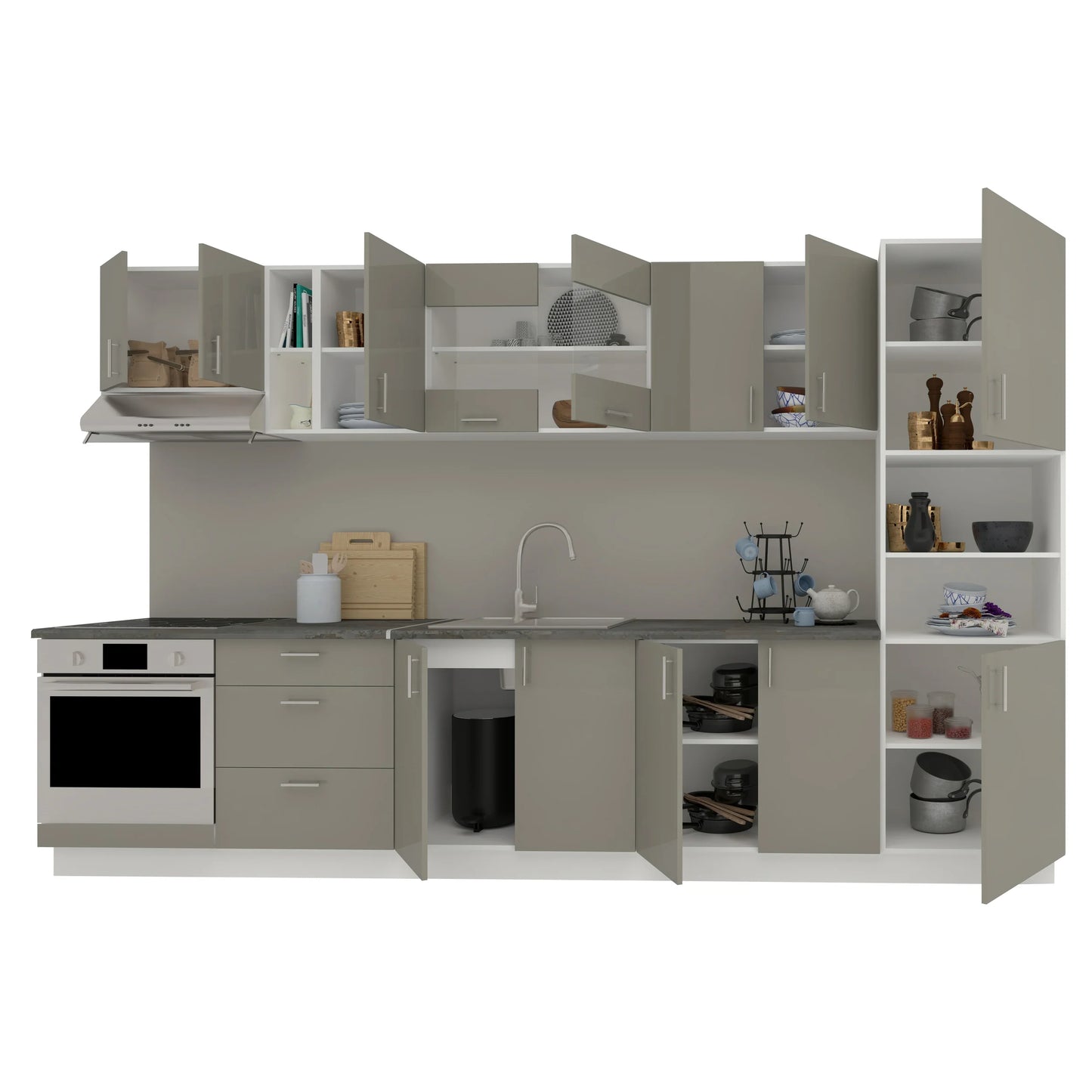 Set Bucatarie haaus Karo V31, Gri Lucios/Alb, MDF, Blat Thermo 28 mm, L 340 cm