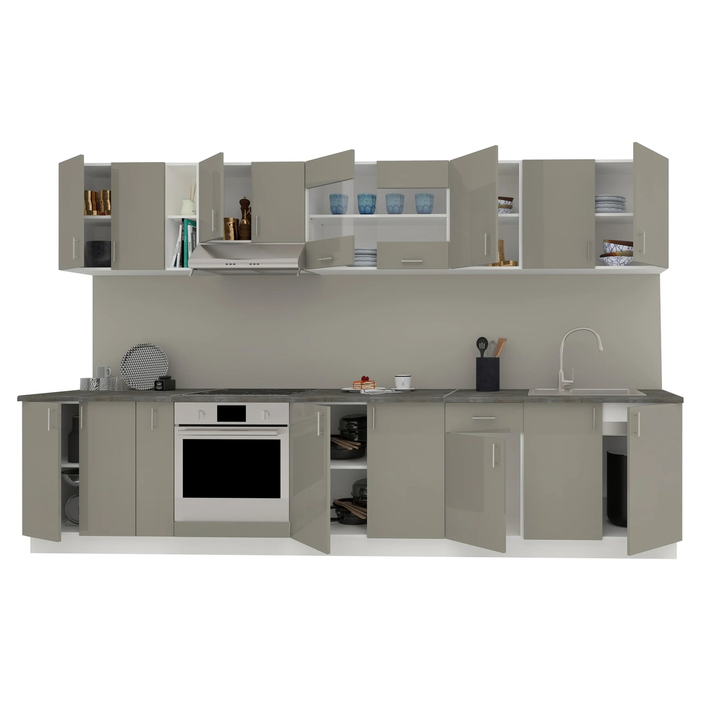 Set Bucatarie haaus Karo V32, Gri Lucios/Alb, MDF, Blat Thermo 28 mm, L 340 cm