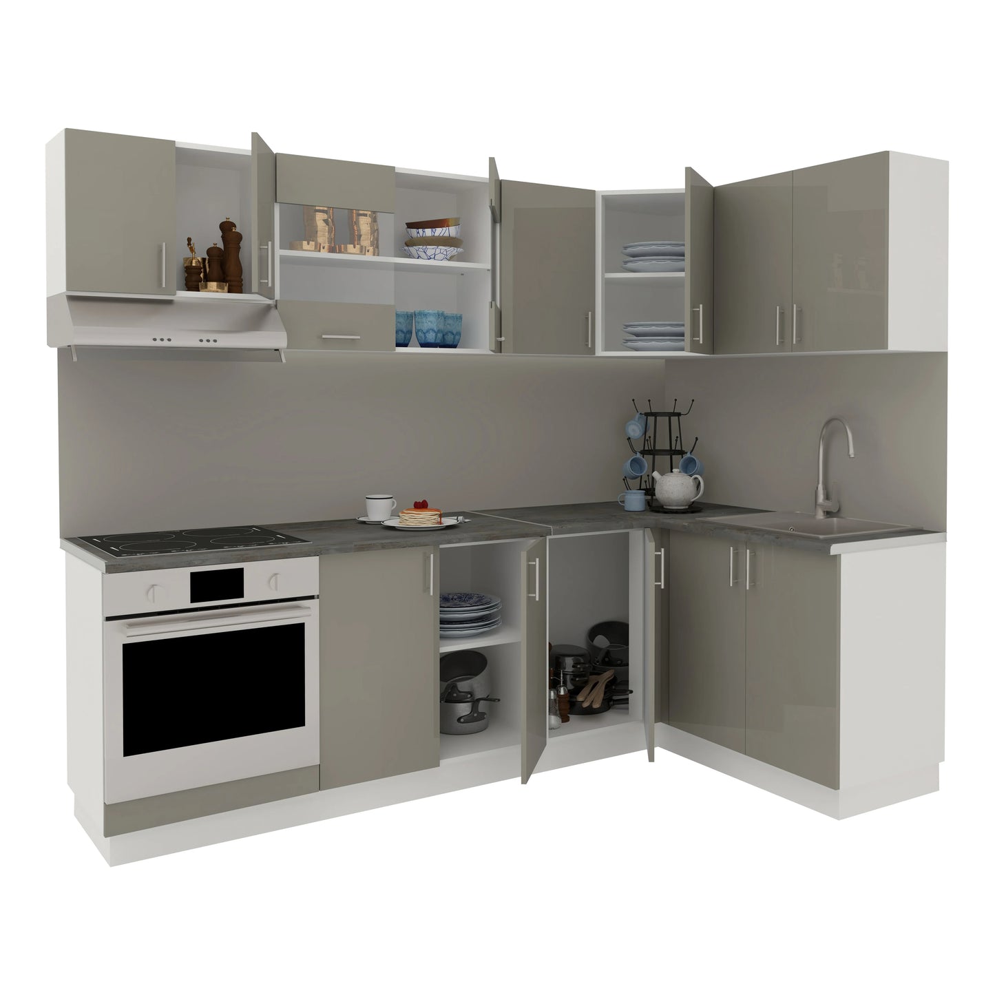 Set Bucatarie Colt haaus Karo V34, Gri Lucios/Alb, MDF, Blat Thermo 28 mm, L 240 x 140 cm