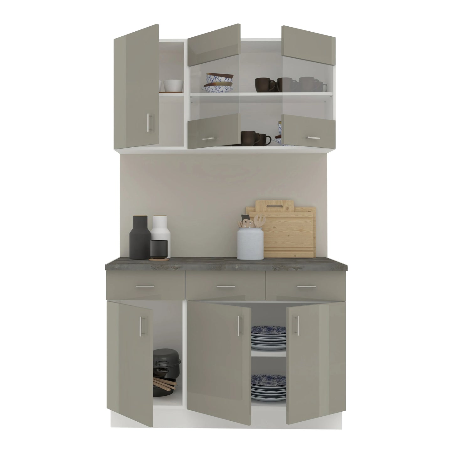 Set Bucatarie haaus Karo V3, Gri Lucios/Alb, MDF, Blat Thermo 28 mm, L 120 cm