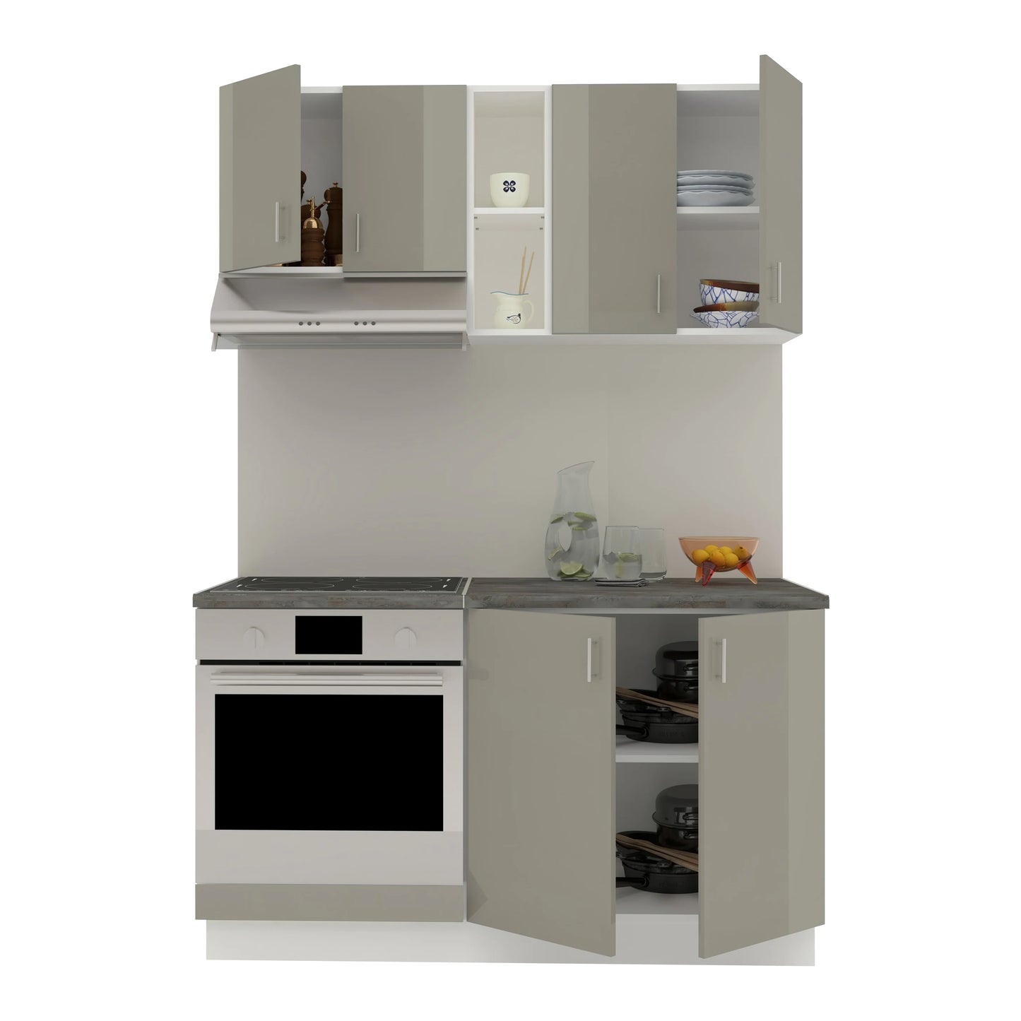 Set Bucatarie haaus Karo V4, Gri Lucios/Alb, MDF, Blat Thermo 28 mm, L 140 cm