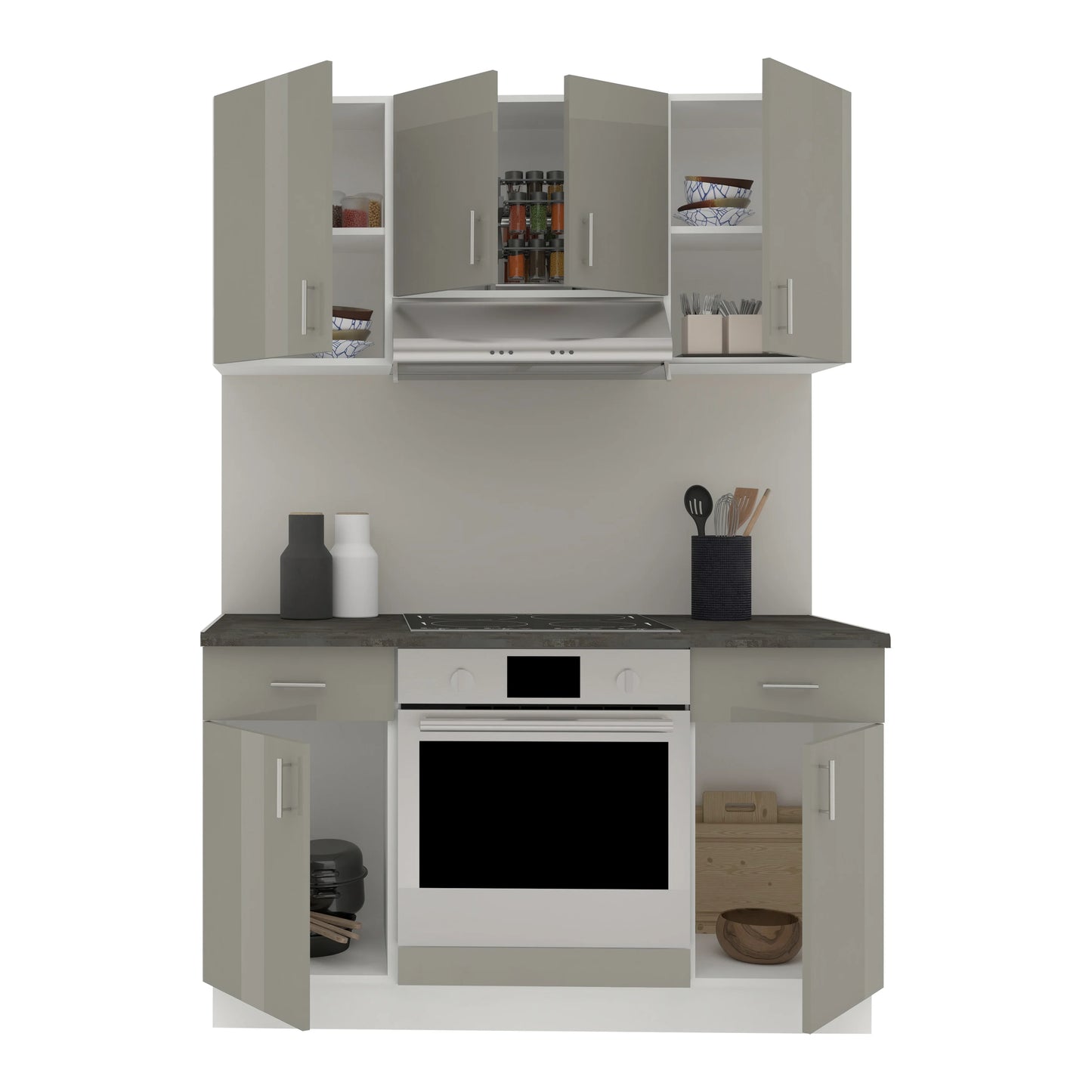 Set Bucatarie haaus Karo V5, Gri Lucios/Alb, MDF, Blat Thermo 28 mm, L 140 cm