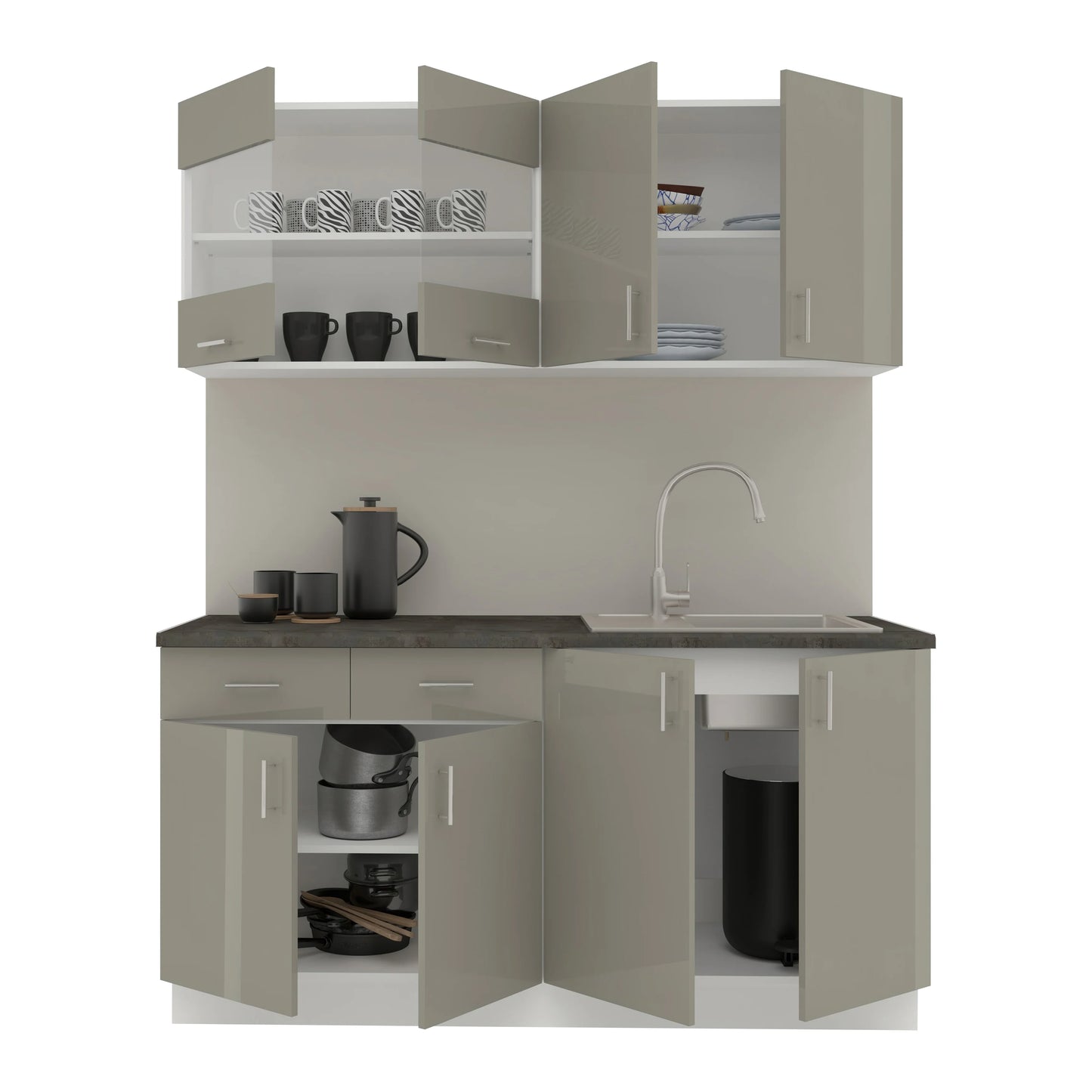 Set Bucatarie haaus Karo V8, Gri Lucios/Alb, MDF, Blat Thermo 28 mm, L 160 cm