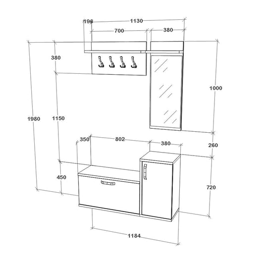 Cuier haaus Cairo, Stejar Alb/Antracit, 113 x 35 x 198 cm