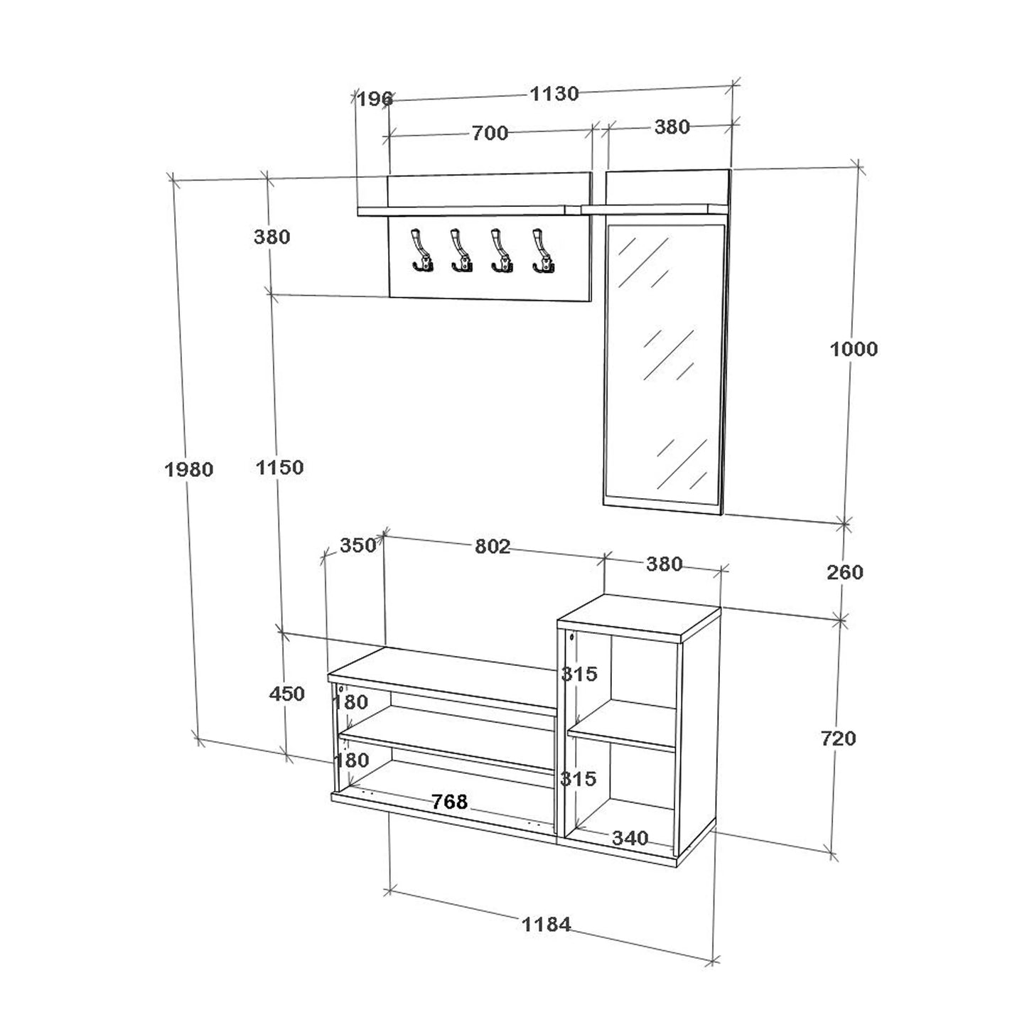 Cuier haaus Cairo, Stejar Alb/Antracit, 113 x 35 x 198 cm