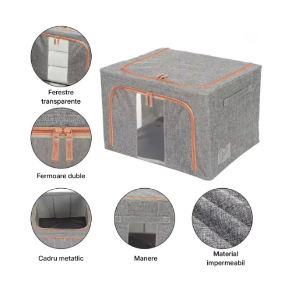Cutie Depozitare Multifunctionala, cu Cadru Metalic, Fermoar Dublu și Ferestre Transparente, Naimeed D7647, dimensiuni 50x40x33cm, Gri