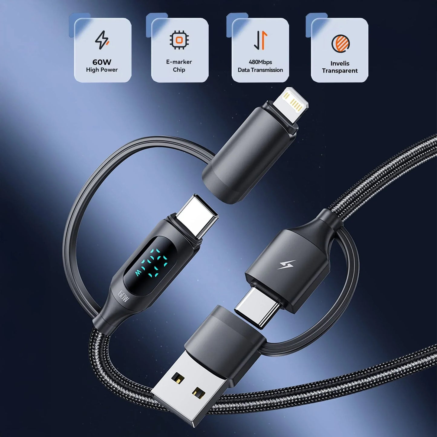 Cablu de Incarcare si Transfer de Date, Timebox, Fast Charge 60W, 1,2m, 4 in 1 , 2 x USB-C, USB, Lightning, Display Smart Integrat, Compatibil Macbook, Android, Samsung, Huawei, Xiaomi, Negru - 221.ro