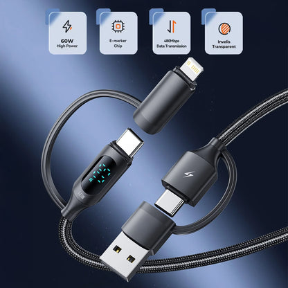 Cablu de Incarcare si Transfer de Date, Timebox, Fast Charge 60W, 1,2m, 4 in 1 , 2 x USB-C, USB, Lightning, Display Smart Integrat, Compatibil Macbook, Android, Samsung, Huawei, Xiaomi, Negru - 221.ro