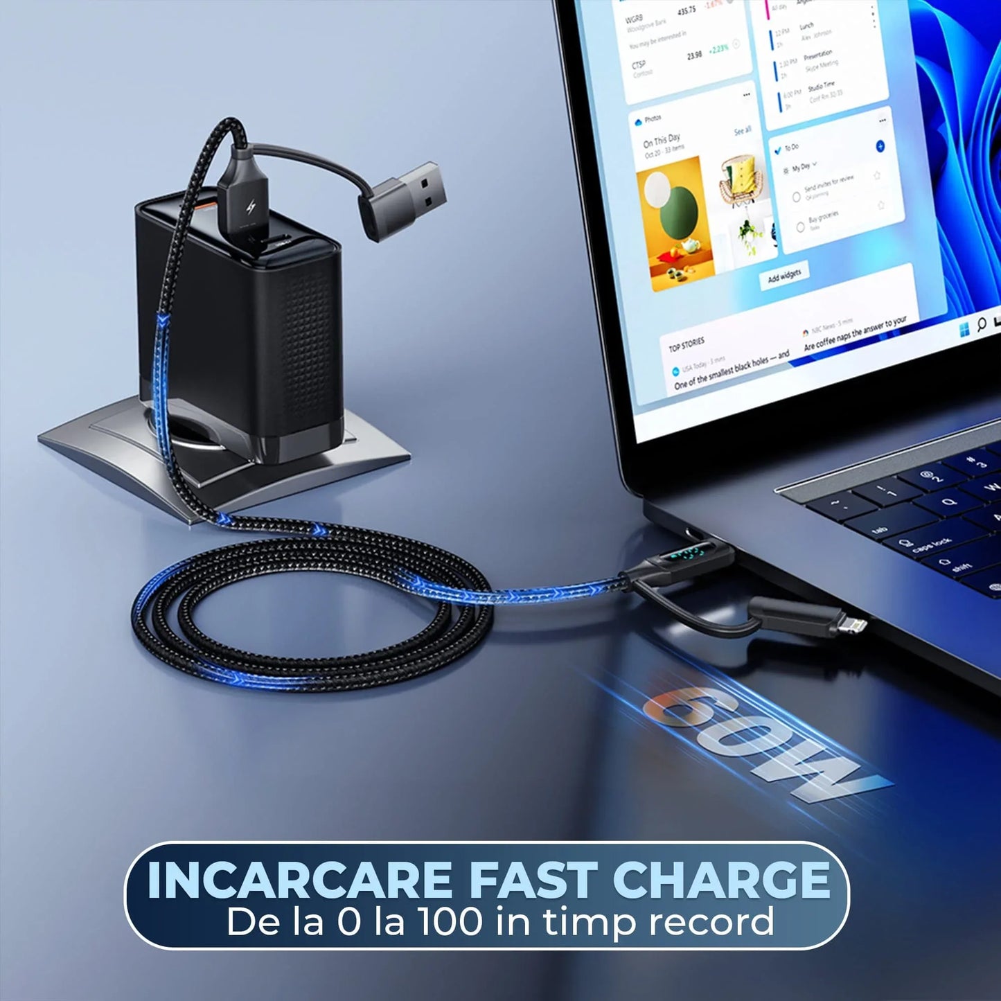 Cablu de Incarcare si Transfer de Date, Timebox, Fast Charge 60W, 1,2m, 4 in 1 , 2 x USB-C, USB, Lightning, Display Smart Integrat, Compatibil Macbook, Android, Samsung, Huawei, Xiaomi, Negru - 221.ro