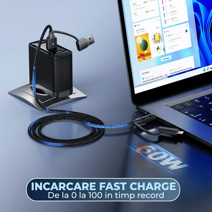 Cablu de Incarcare si Transfer de Date, Timebox, Fast Charge 60W, 1,2m, 4 in 1 , 2 x USB-C, USB, Lightning, Display Smart Integrat, Compatibil Macbook, Android, Samsung, Huawei, Xiaomi, Negru - 221.ro