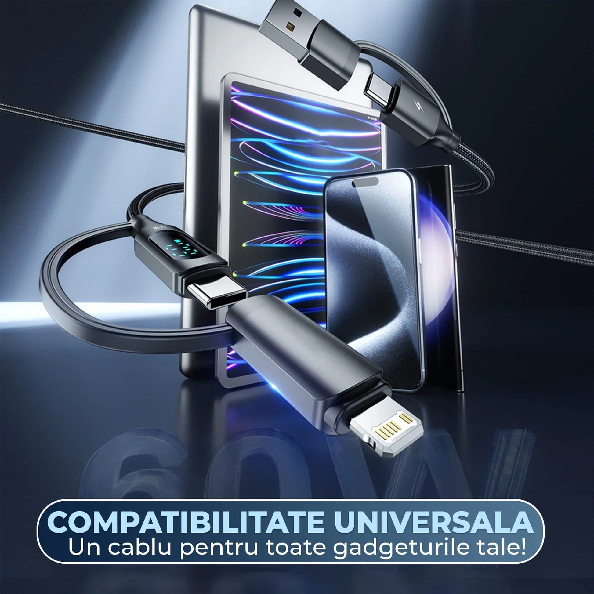 Cablu de Incarcare si Transfer de Date, Timebox, Fast Charge 60W, 1,2m, 4 in 1 , 2 x USB-C, USB, Lightning, Display Smart Integrat, Compatibil Macbook, Android, Samsung, Huawei, Xiaomi, Negru - 221.ro