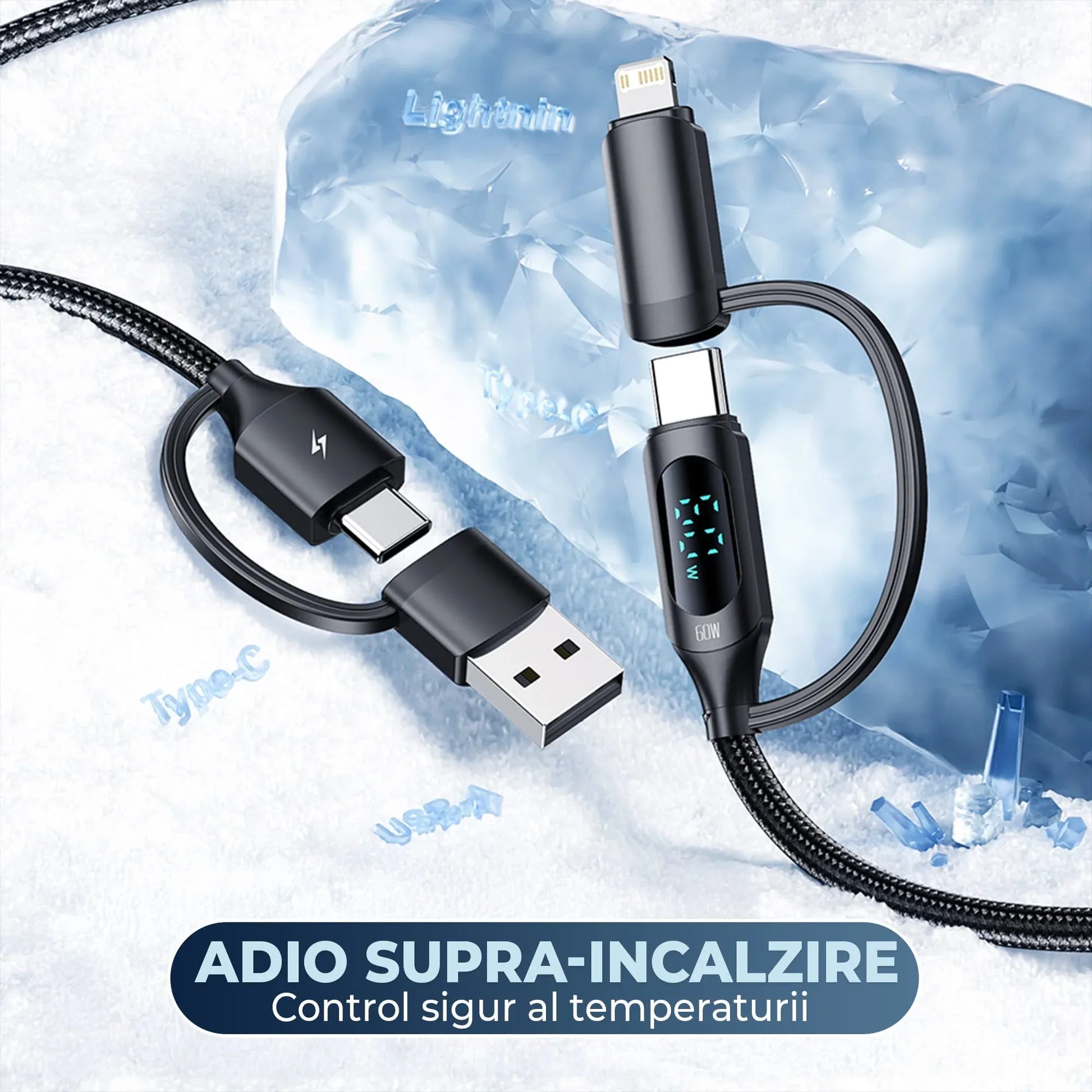 Cablu de Incarcare si Transfer de Date, Timebox, Fast Charge 60W, 1,2m, 4 in 1 , 2 x USB-C, USB, Lightning, Display Smart Integrat, Compatibil Macbook, Android, Samsung, Huawei, Xiaomi, Negru - 221.ro