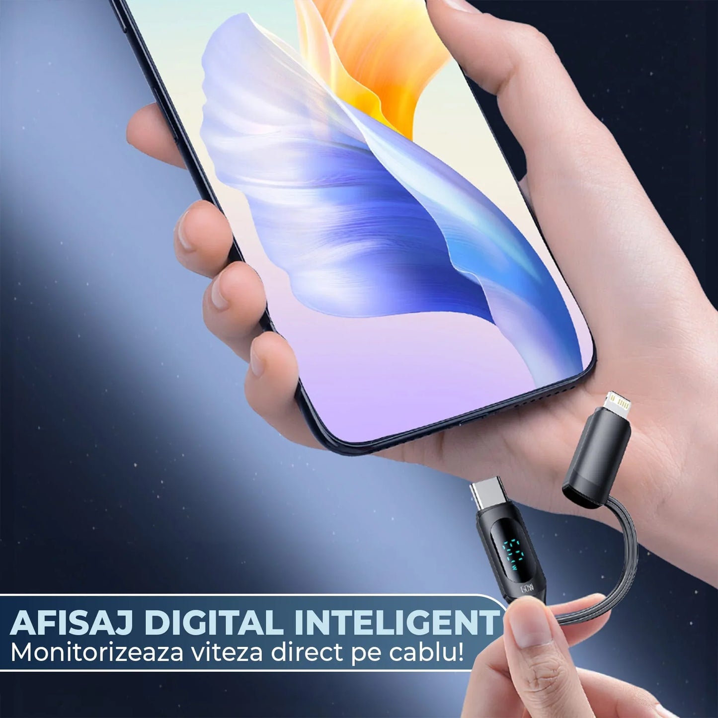 Cablu de Incarcare si Transfer de Date, Timebox, Fast Charge 60W, 1,2m, 4 in 1 , 2 x USB-C, USB, Lightning, Display Smart Integrat, Compatibil Macbook, Android, Samsung, Huawei, Xiaomi, Negru - 221.ro