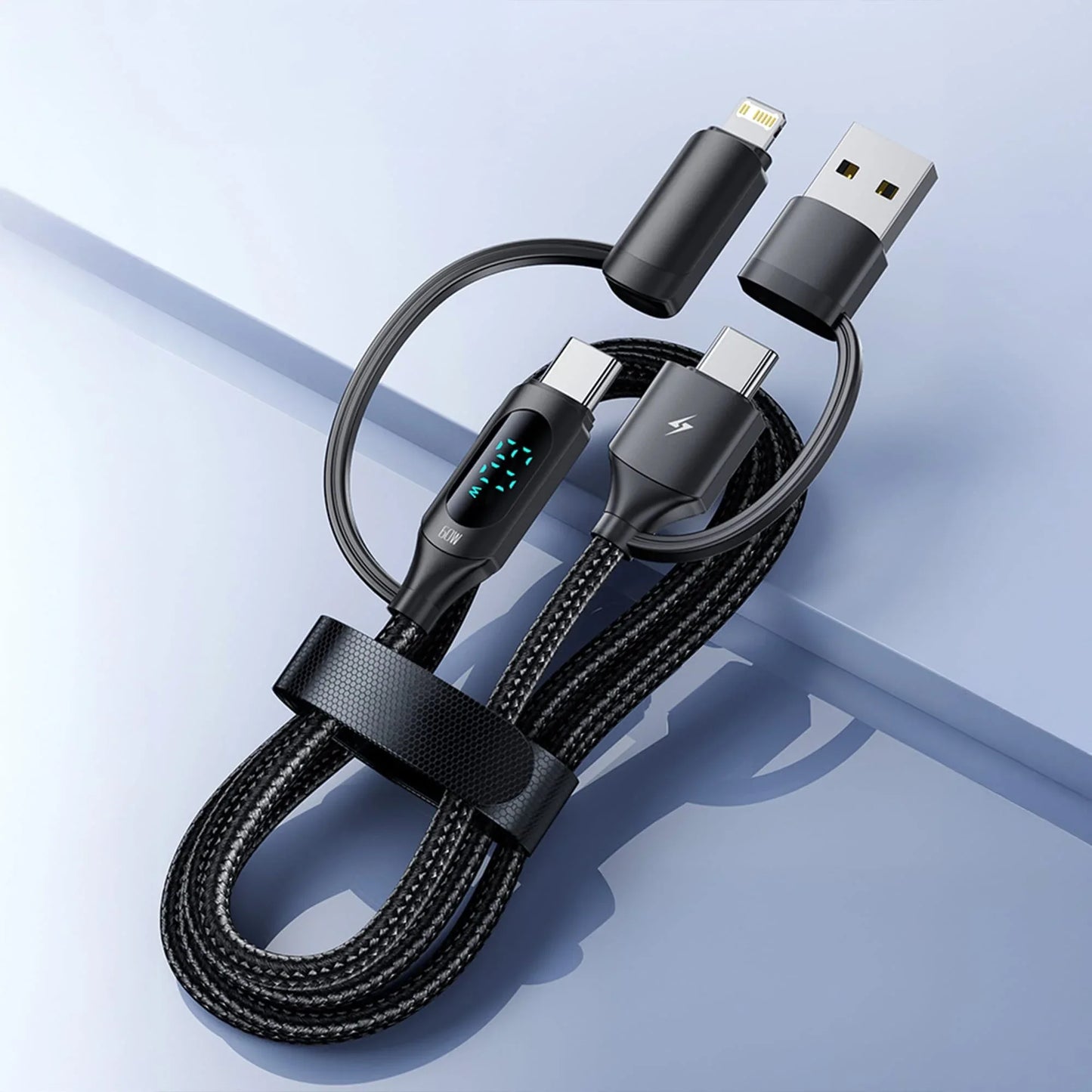 Cablu de Incarcare si Transfer de Date, Timebox, Fast Charge 60W, 1,2m, 4 in 1 , 2 x USB-C, USB, Lightning, Display Smart Integrat, Compatibil Macbook, Android, Samsung, Huawei, Xiaomi, Negru - 221.ro