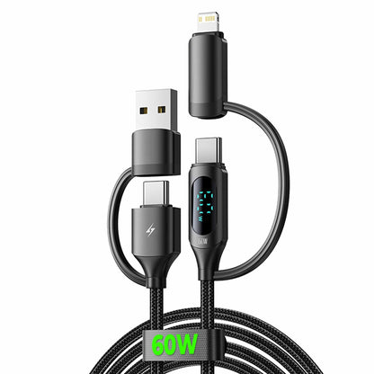 Cablu de Incarcare si Transfer de Date, Timebox, Fast Charge 60W, 1,2m, 4 in 1 , 2 x USB-C, USB, Lightning, Display Smart Integrat, Compatibil Macbook, Android, Samsung, Huawei, Xiaomi, Negru - 221.ro