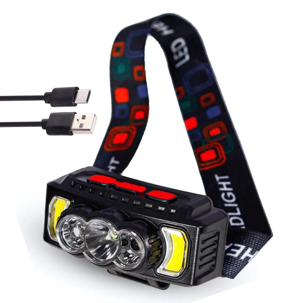 Lanternă frontală HX-810 cu 5 LED și 7 moduri iluminare, acumulator reîncărcabil