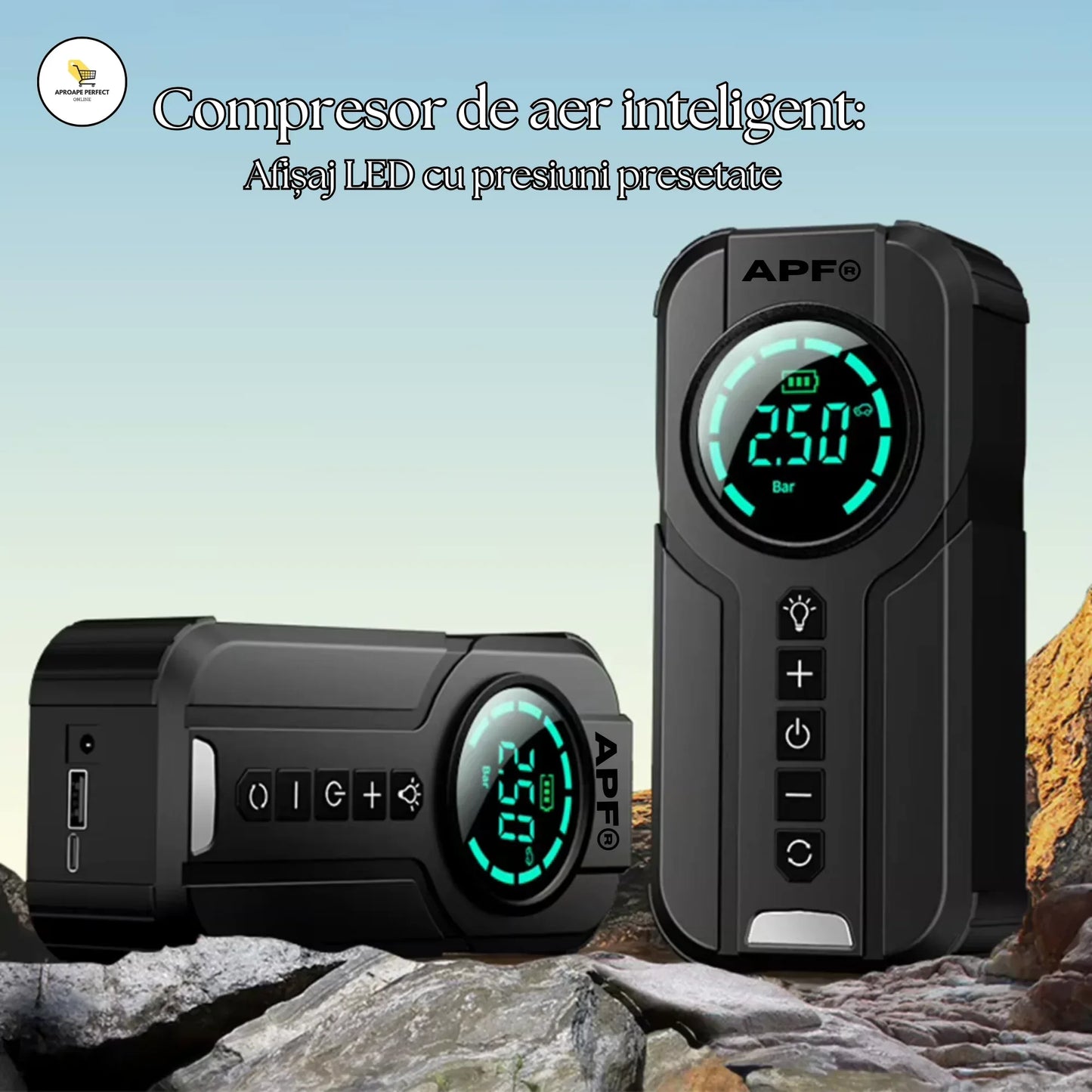 Starter/Compresor Auto Portabil APF® 150PSI, Baterie 6000mAh, Afișaj Digital LED, Lumini SOS, Fără Fir, USB-C