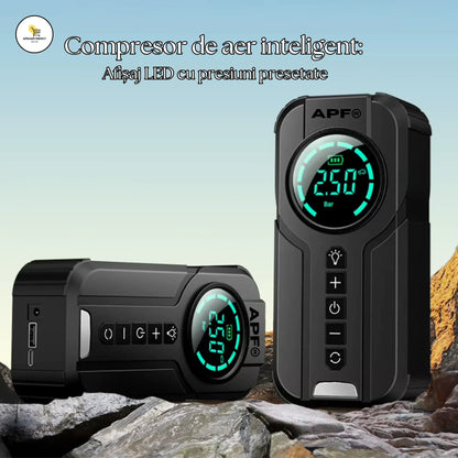 Starter/Compresor Auto Portabil APF® 150PSI, Baterie 6000mAh, Afișaj Digital LED, Lumini SOS, Fără Fir, USB-C