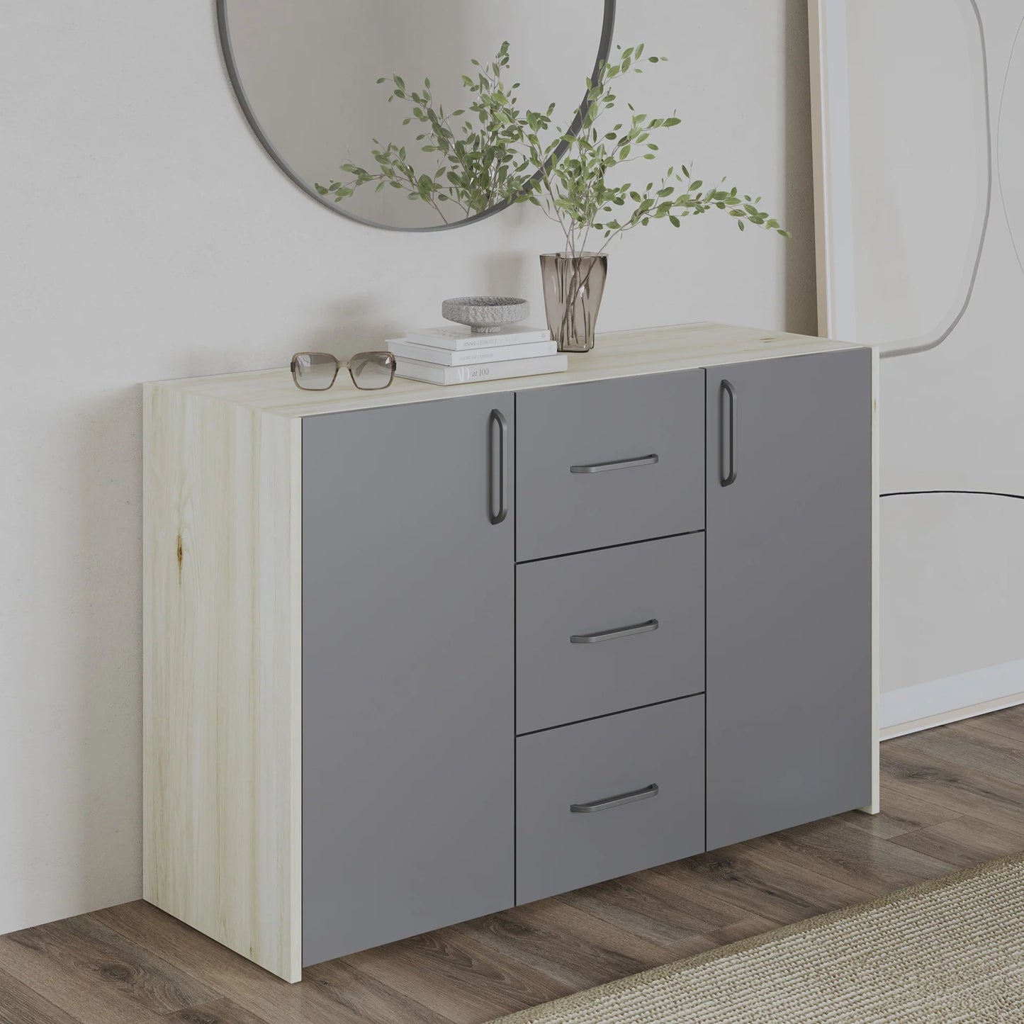 Comoda haaus Malmo, 3 Sertare, 2 Usi, Stejar Alb/Antracit, 120 x 42 x 80 cm